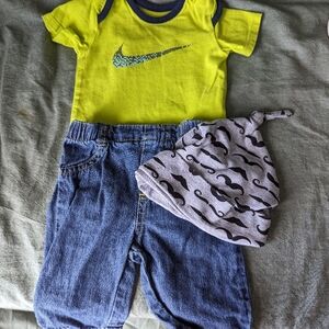 Baby Nike 0-3m Outfit Set Jeans Bodysuit Hat 3pc Boy Lime Green Summer Short